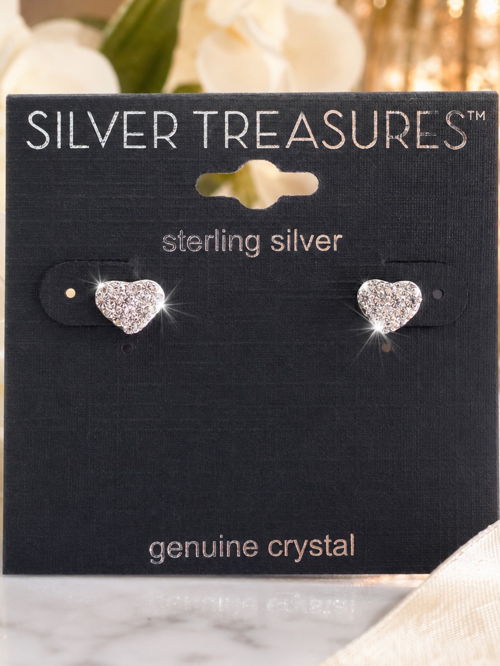 NWT Silver Treasures Sterling Silver Crystal Heart Stud Earrings